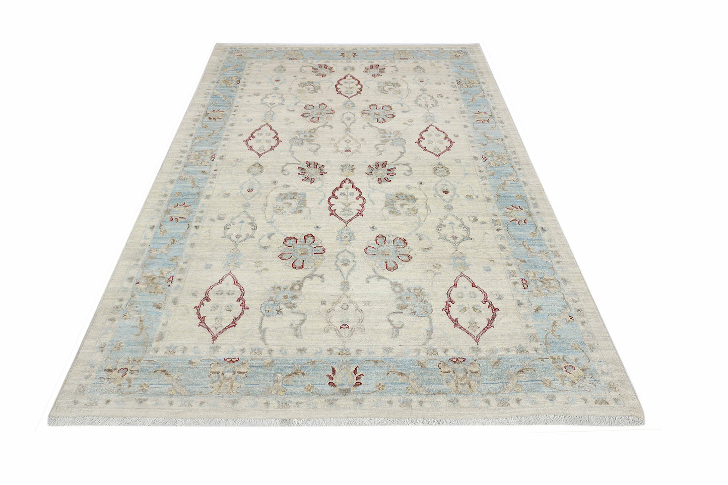 Ivory & Sky Blue Premium Handwoven Pure Wool Chobrang Rug, 5ft 10in x 9ft 0in