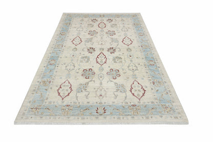 Ivory & Sky Blue Premium Handwoven Pure Wool Chobrang Rug, 5ft 10in x 9ft 0in