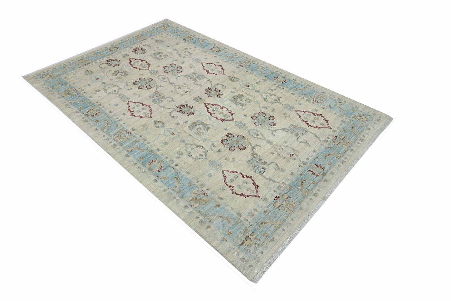 Ivory & Sky Blue Premium Handwoven Pure Wool Chobrang Rug, 5ft 10in x 9ft 0in