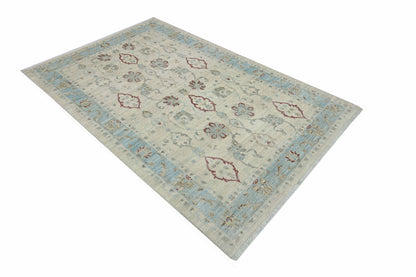 Ivory & Sky Blue Premium Handwoven Pure Wool Chobrang Rug, 5ft 10in x 9ft 0in