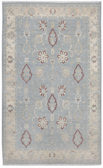 Sky Blue & Ivory Premium Handwoven Pure Wool Chobrang Rug, 5ft 9in x 9ft 5in