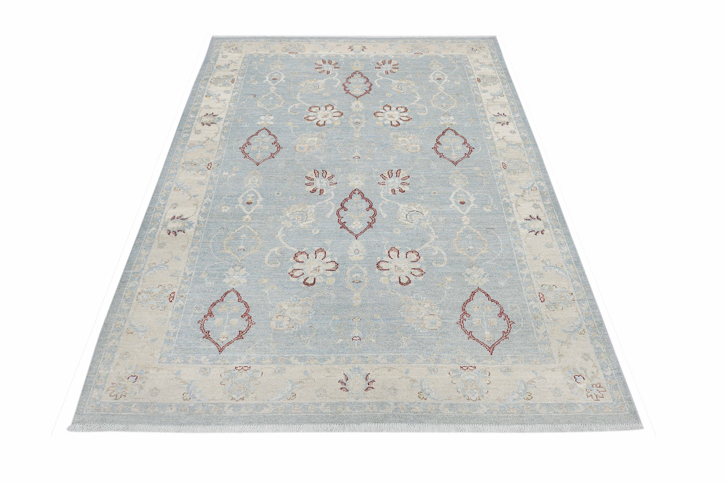 Sky Blue & Ivory Premium Handwoven Pure Wool Chobrang Rug, 5ft 9in x 9ft 5in