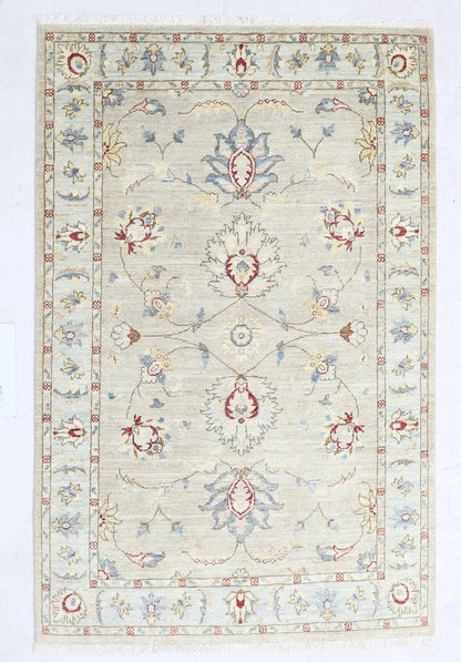 Beige  & Sky Blue Premium Handwoven Pure Wool Chobrang Rug, 4ft 0in x 6ft 1in