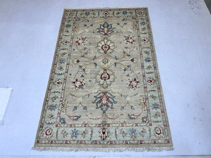 Beige  & Sky Blue Premium Handwoven Pure Wool Chobrang Rug, 4ft 0in x 6ft 1in