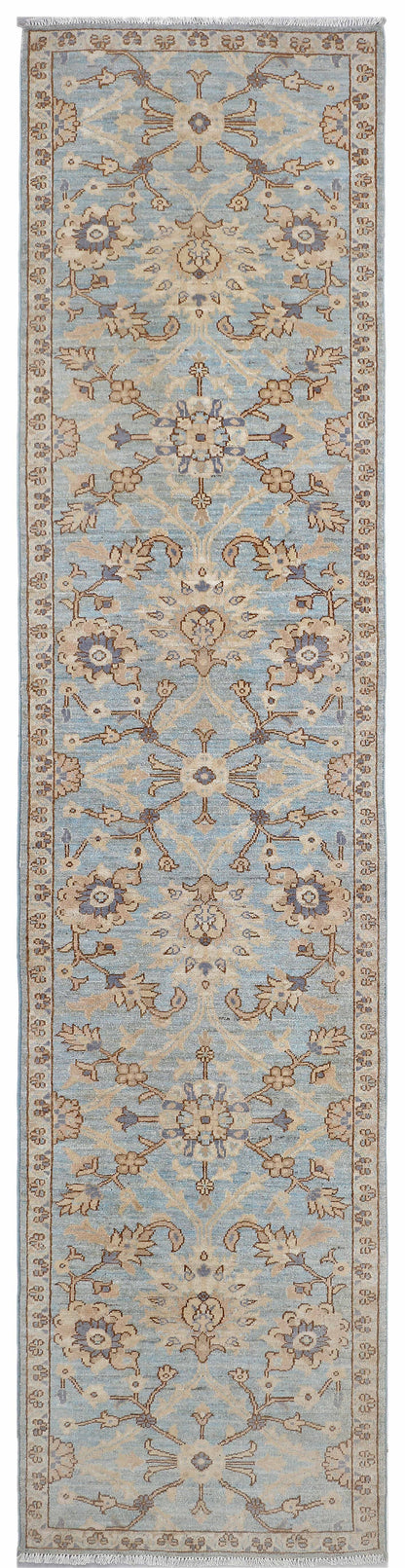 Sky Blue & Beige Premium Handwoven Pure Wool Chobrang Rug, 2ft 8in x 11ft 4in