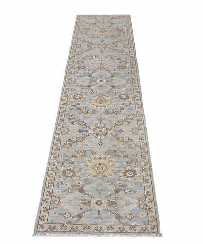 Sky Blue & Beige Premium Handwoven Pure Wool Chobrang Rug, 2ft 8in x 11ft 4in