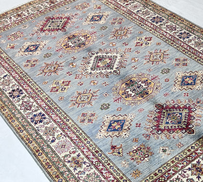 Grey & Ivory Premium Handwoven Pure Wool Super Kazak Rug, 5ft 8in x 8ft 2in