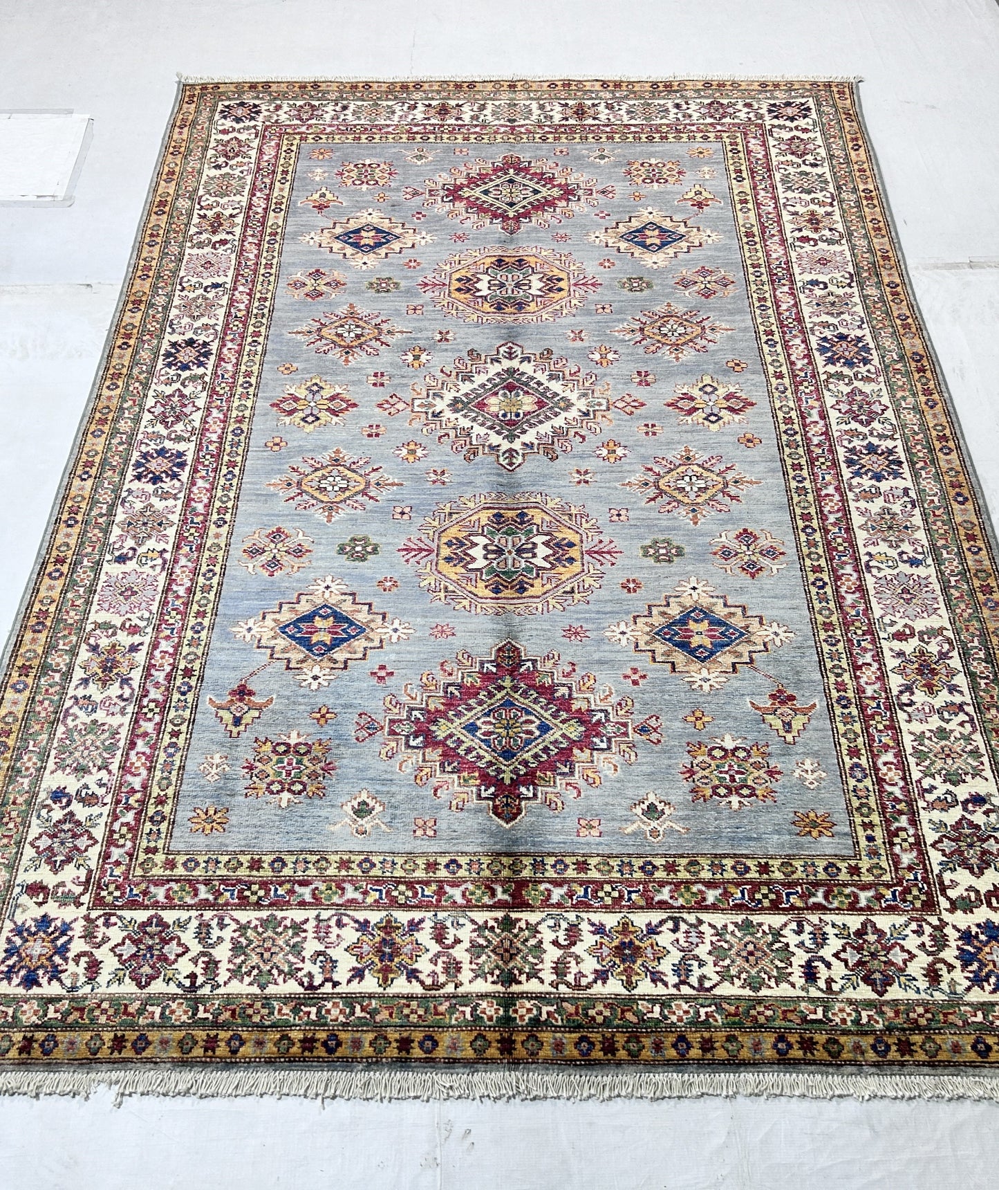 Grey & Ivory Premium Handwoven Pure Wool Super Kazak Rug, 5ft 8in x 8ft 2in