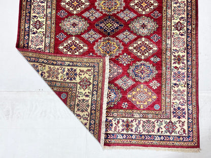 Red & Ivory Premium Handwoven Pure Wool Super Kazak Rug, 5ft 1in x 6ft 7in