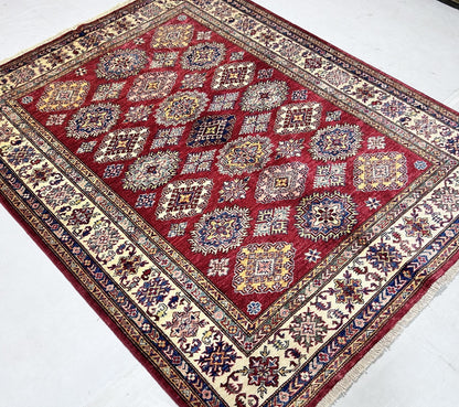 Red & Ivory Premium Handwoven Pure Wool Super Kazak Rug, 5ft 1in x 6ft 7in