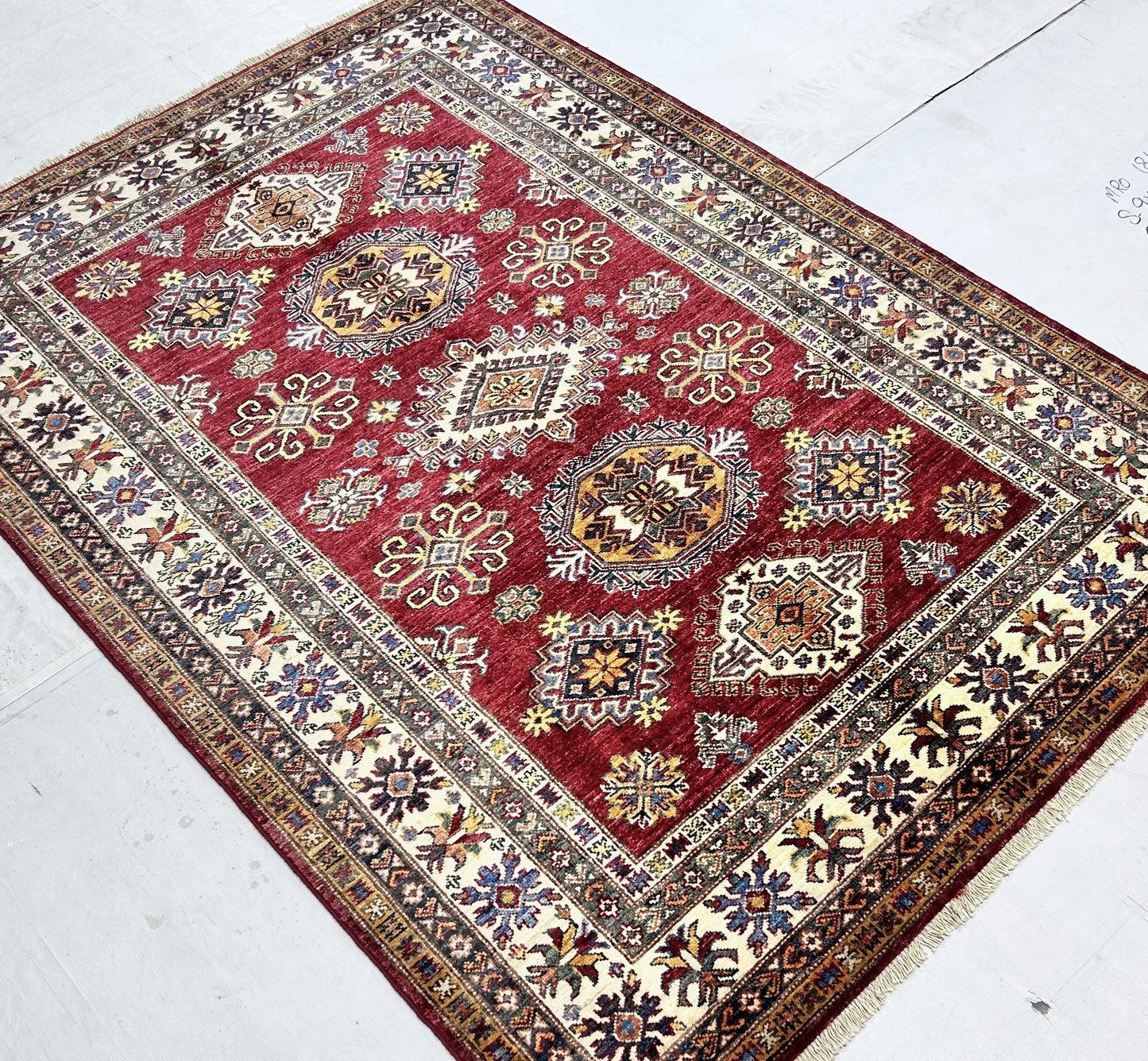 Red & Ivory Premium Handwoven Pure Wool Super Kazak Rug, 5ft 0in x 7ft 1in