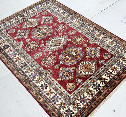 Red & Ivory Premium Handwoven Pure Wool Super Kazak Rug, 5ft 0in x 7ft 1in