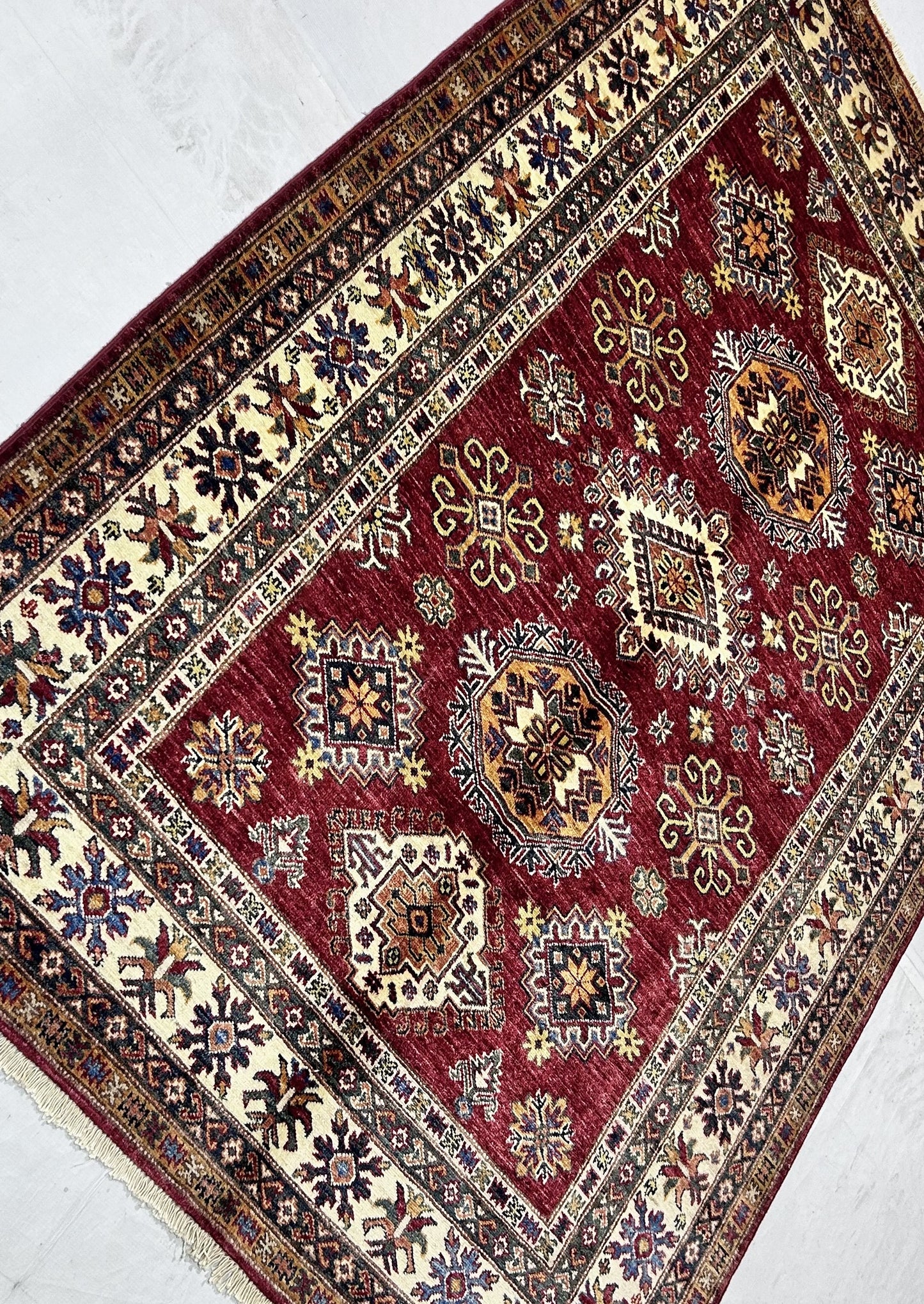 Red & Ivory Premium Handwoven Pure Wool Super Kazak Rug, 5ft 0in x 7ft 1in