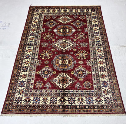 Red & Ivory Premium Handwoven Pure Wool Super Kazak Rug, 5ft 0in x 7ft 1in