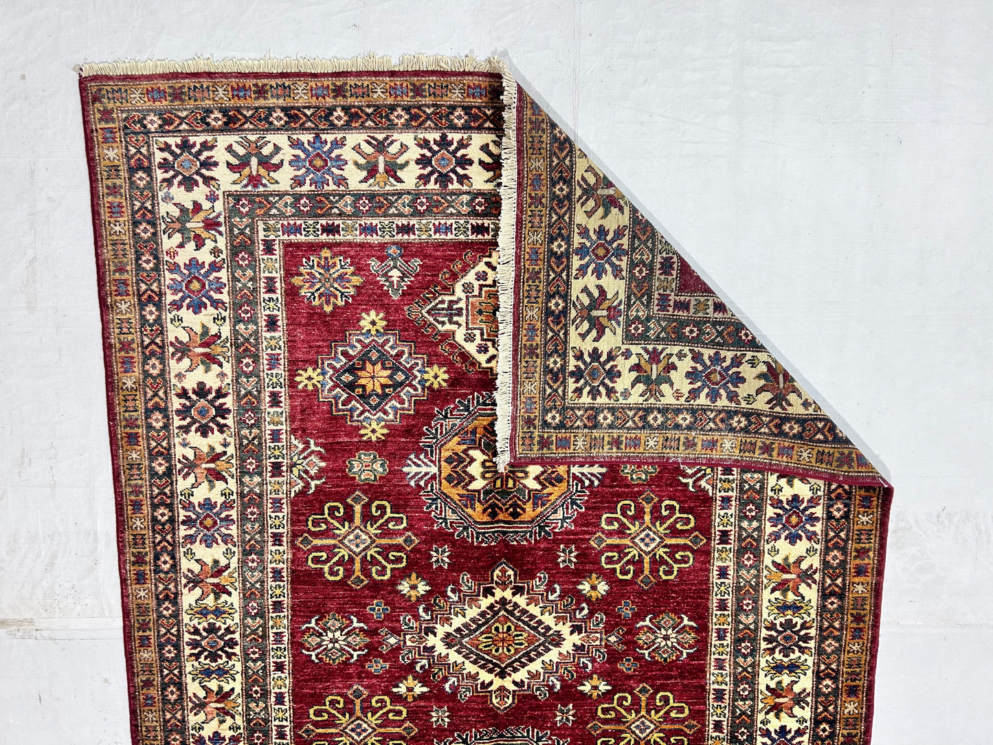 Red & Ivory Premium Handwoven Pure Wool Super Kazak Rug, 5ft 0in x 7ft 1in