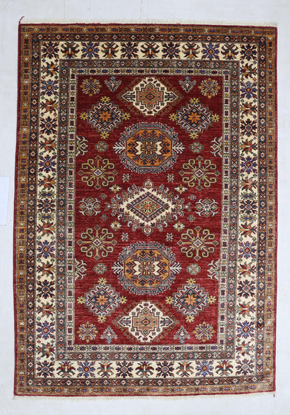 Red & Ivory Premium Handwoven Pure Wool Super Kazak Rug, 5ft 0in x 7ft 1in