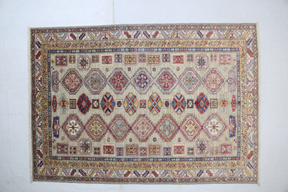 Beige & Ivory Premium Handwoven Pure Wool Super Kazak Rug, 5ft 7in x 8ft 1in