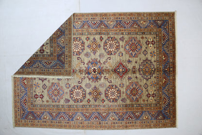 Tan & Blue Premium Handwoven Pure Wool Super Kazak Rug, 5ft 10in x 8ft 3in