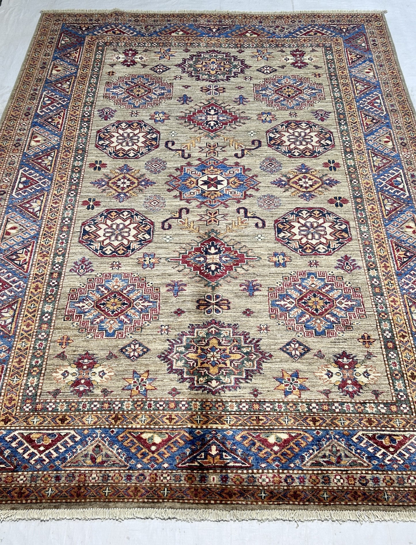 Tan & Blue Premium Handwoven Pure Wool Super Kazak Rug, 5ft 10in x 8ft 3in