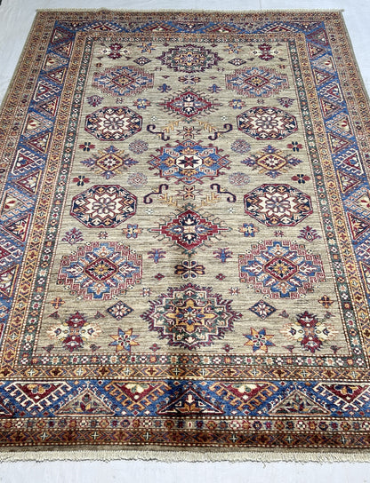 Tan & Blue Premium Handwoven Pure Wool Super Kazak Rug, 5ft 10in x 8ft 3in