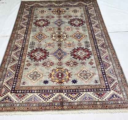 Silver & Ivory Premium Handwoven Pure Wool Super Kazak Rug, 5ft 8in x 8ft 3in