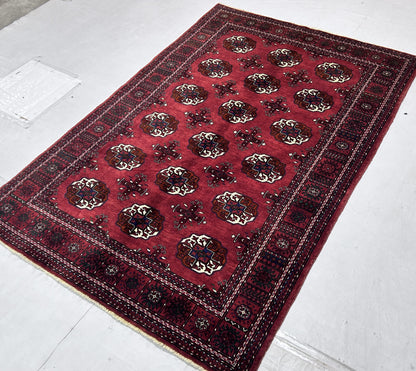 Red & Ivory Premium Handwoven Pure Wool Bokhara Rug, 4ft 0in x 5ft 11in