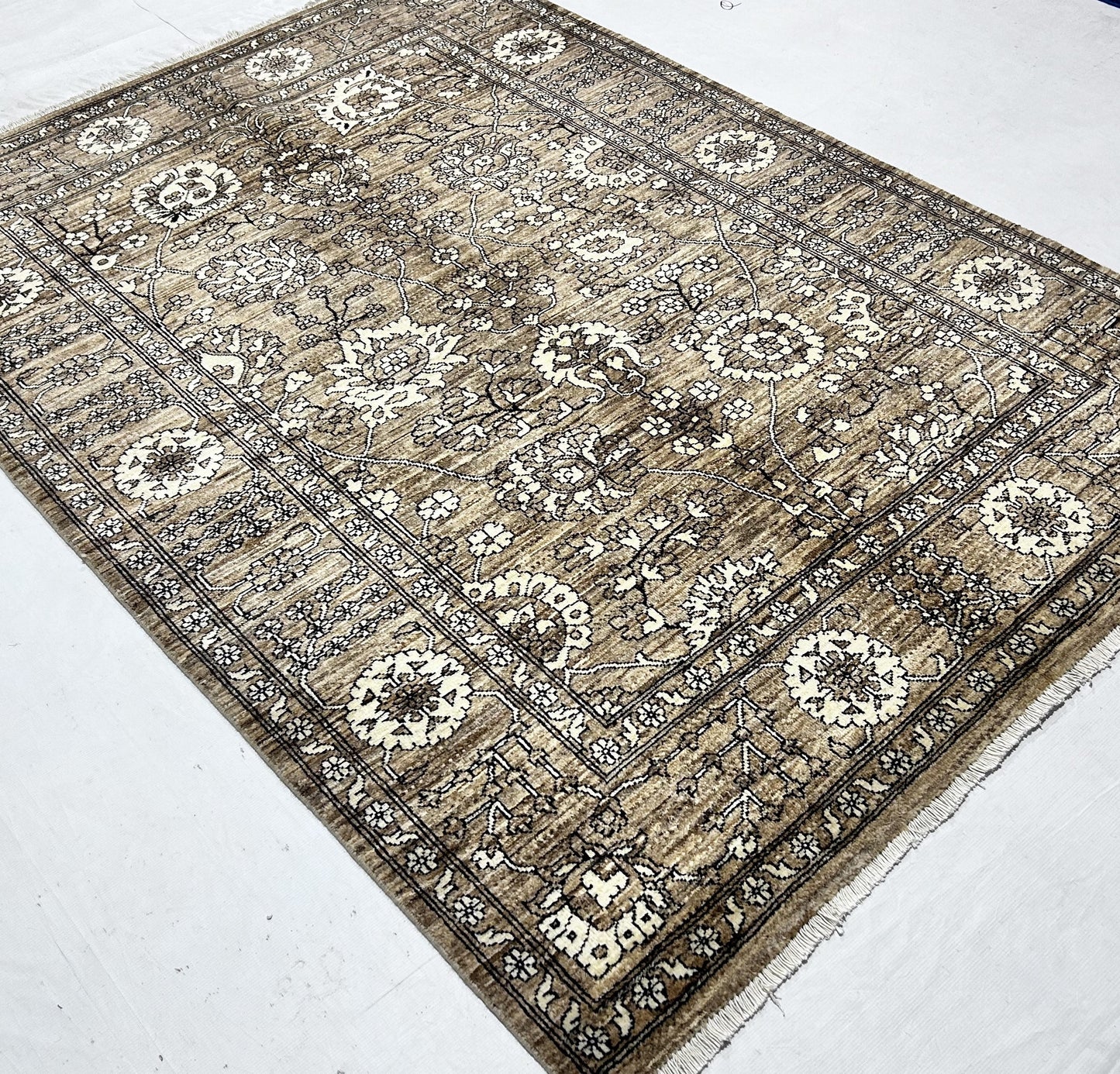 Brown & Ivory Premium Handwoven Pure Wool Chobrang Rug, 5ft 1in x 7ft 2in