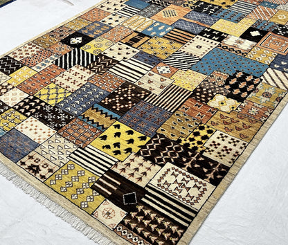 Ivory & Grey Premium Handwoven Pure Wool Gaba Rug, 6ft 0in x 9ft 0in