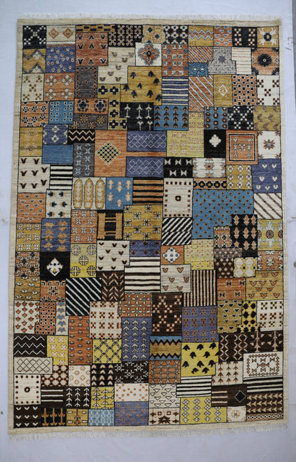 Ivory & Grey Premium Handwoven Pure Wool Gaba Rug, 6ft 0in x 9ft 0in