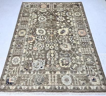 Brown & Charcoal Premium Handwoven Pure Wool Gaba Rug, 5ft 0in x 7ft 1in