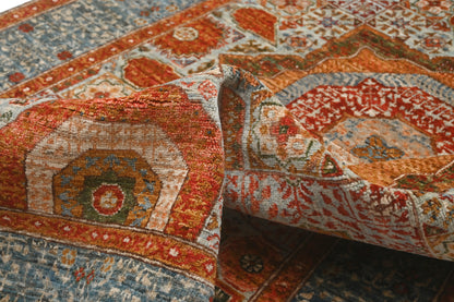 Sky Blue & Rust Premium Handwoven Pure Wool Mamlouk Rug, 5ft 0in x 7ft 0in