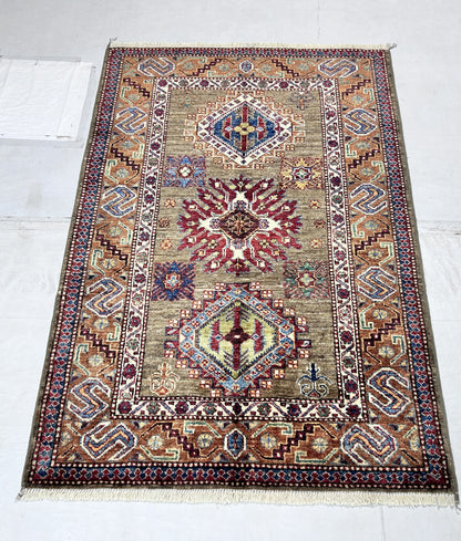 Brown  & Rust Premium Handwoven Pure Wool Super Kazak Rug, 3ft 4in x 4ft 11in