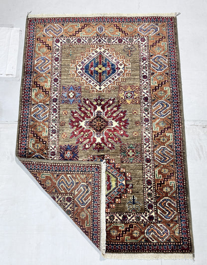 Brown  & Rust Premium Handwoven Pure Wool Super Kazak Rug, 3ft 4in x 4ft 11in