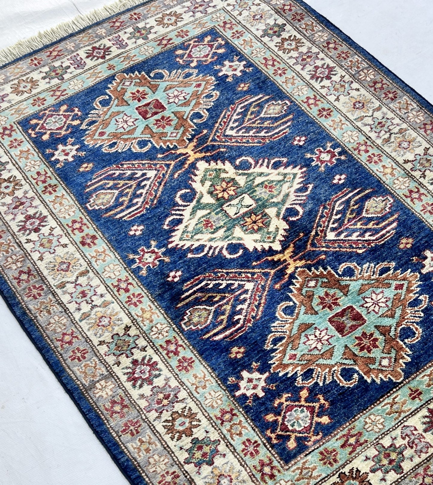 Navy Blue & Ivory Premium Handwoven Pure Wool Super Kazak Rug, 3ft 4in x 4ft 10in