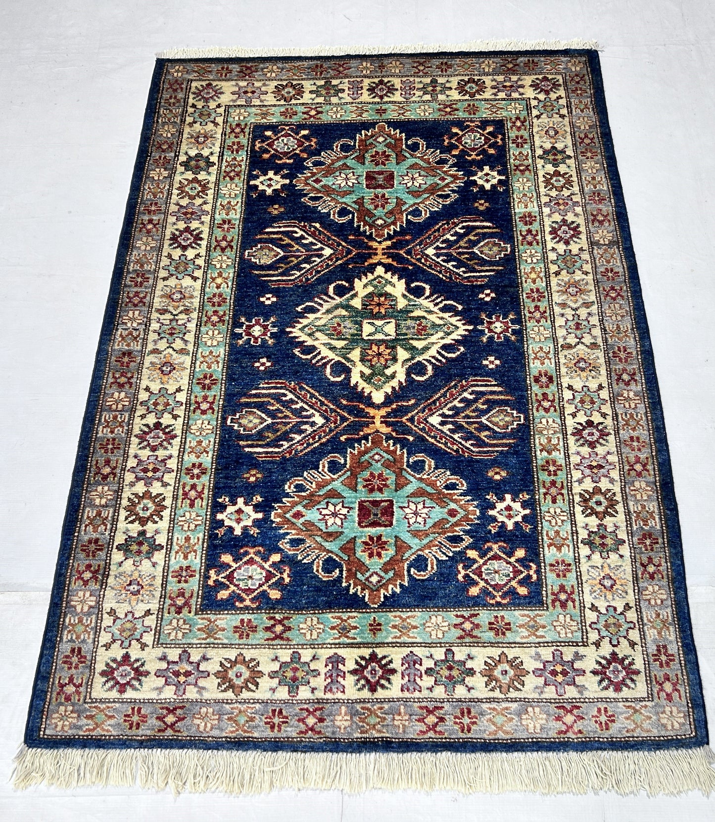 Navy Blue & Ivory Premium Handwoven Pure Wool Super Kazak Rug, 3ft 4in x 4ft 10in