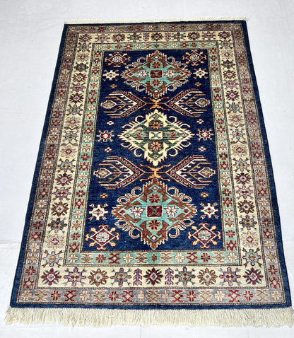 Navy Blue & Ivory Premium Handwoven Pure Wool Super Kazak Rug, 3ft 4in x 4ft 10in