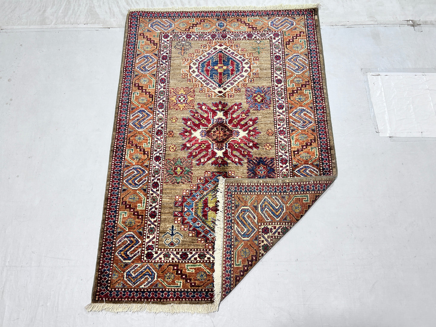 Brown  & Rust Premium Handwoven Pure Wool Super Kazak Rug, 3ft 4in x 4ft 11in