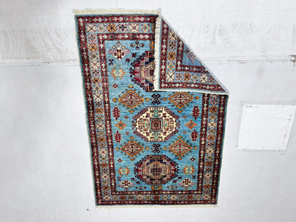 Blue & Red Premium Handwoven Pure Wool Super Kazak Rug, 3ft 4in x 4ft 11in