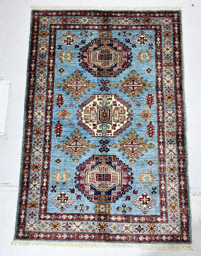 Blue & Red Premium Handwoven Pure Wool Super Kazak Rug, 3ft 4in x 4ft 11in