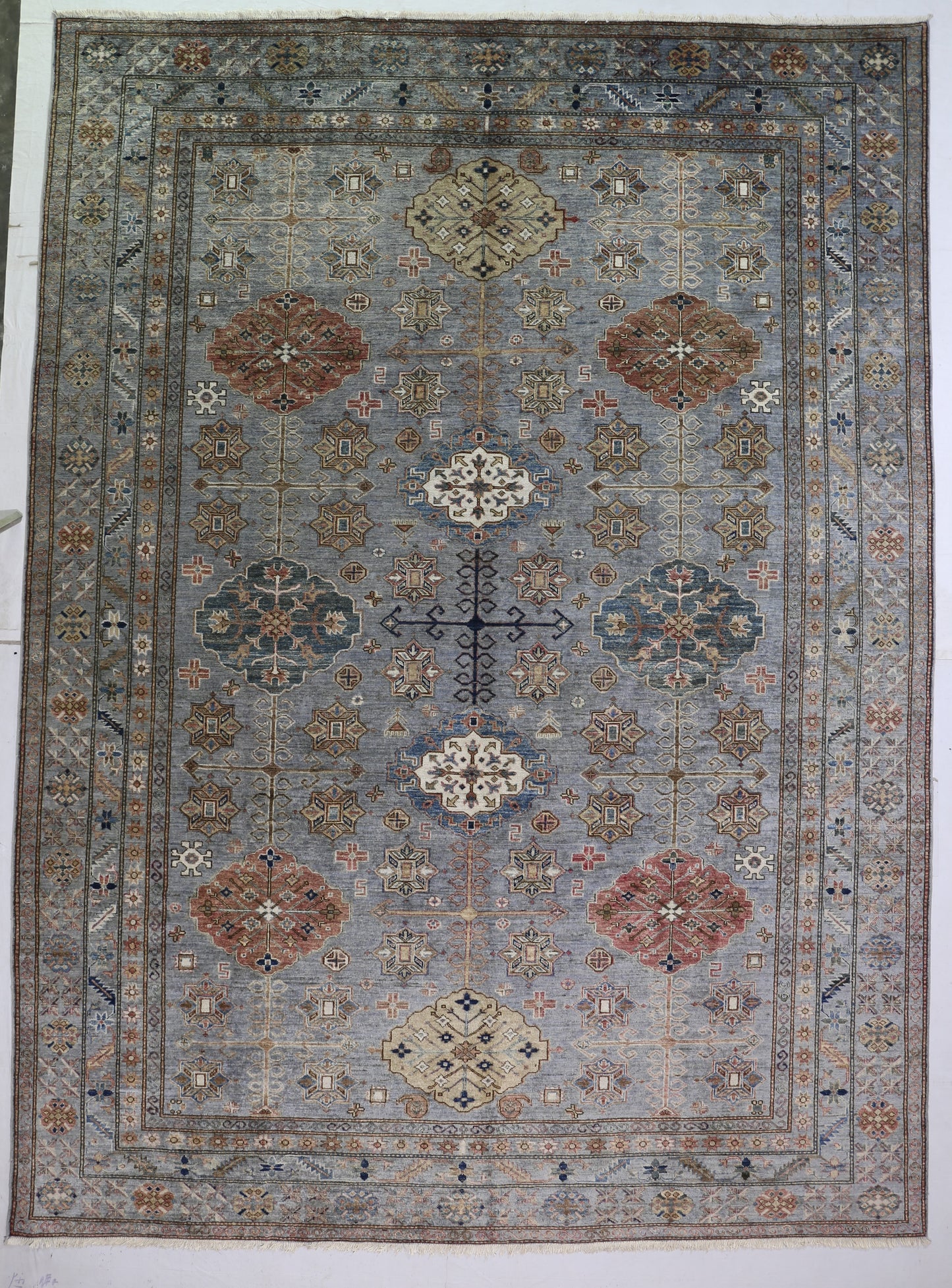 Grey  & Rust Premium Handwoven Pure Wool Super Kazak Rug, 9ft 0in x 12ft 2in