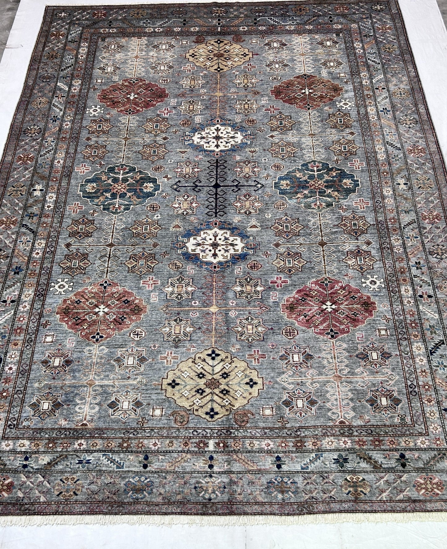 Grey  & Rust Premium Handwoven Pure Wool Super Kazak Rug, 9ft 0in x 12ft 2in