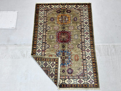 Brown & Ivory Premium Handwoven Pure Wool Super Kazak Rug, 3ft 6in x 5ft 0in