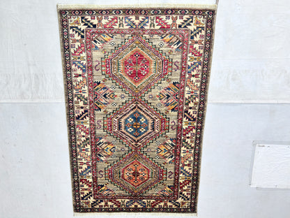 Brown & Ivory Premium Handwoven Pure Wool Super Kazak Rug, 3ft 4in x 5ft 0in