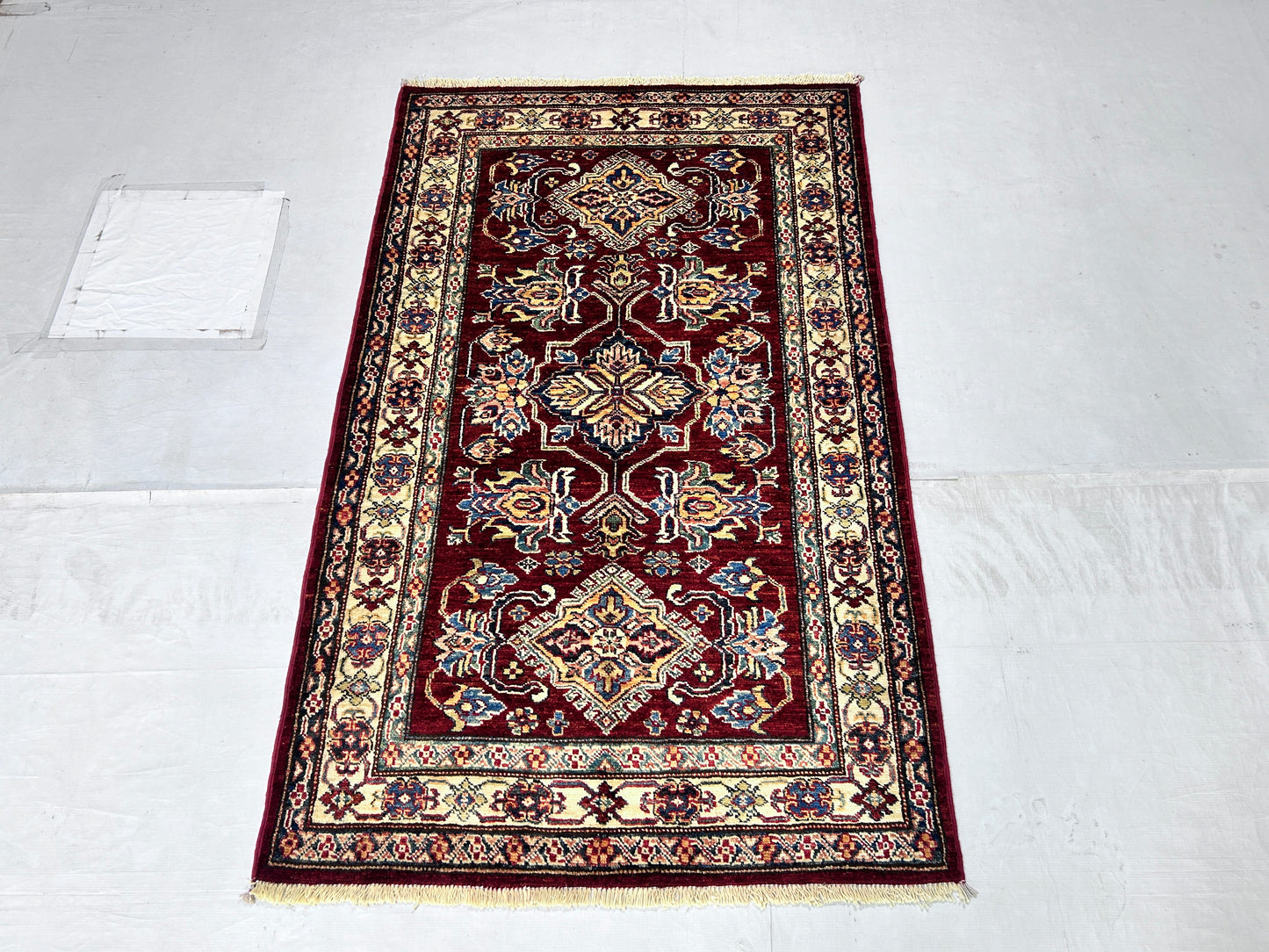 Red & Ivory Premium Handwoven Pure Wool Super Kazak Rug, 3ft 3in x 5ft 2in