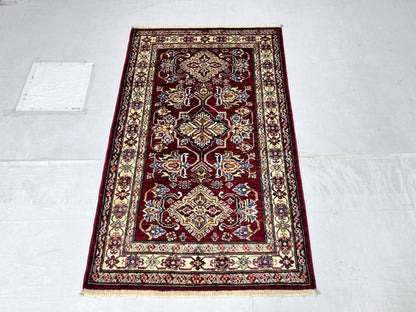 Red & Ivory Premium Handwoven Pure Wool Super Kazak Rug, 3ft 3in x 5ft 2in