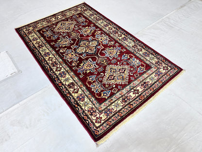 Red & Ivory Premium Handwoven Pure Wool Super Kazak Rug, 3ft 3in x 5ft 2in