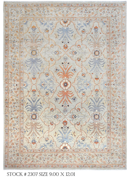 Beige & Rust Premium Handwoven Pure Wool Herati Rug, 9ft 0in x 12ft 1in