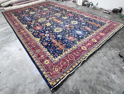 Navy Blue & Red Premium Handwoven Pure Wool Bijar Rug, 12ft 0in x 18ft 0in