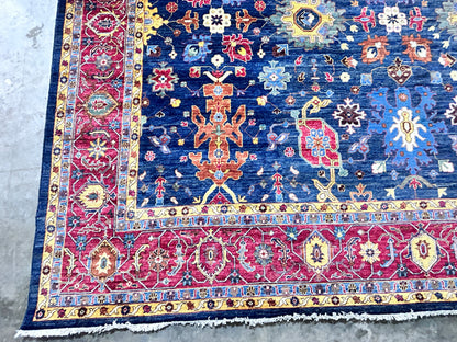 Navy Blue & Red Premium Handwoven Pure Wool Bijar Rug, 12ft 0in x 18ft 0in