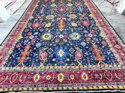 Navy Blue & Red Premium Handwoven Pure Wool Bijar Rug, 12ft 0in x 18ft 0in